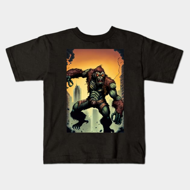 Giant Angry Green Monkey attacking a city Kids T-Shirt by KoolArtDistrict